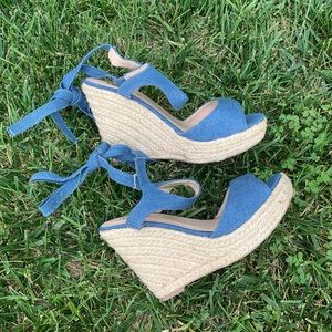 Denim Glamorous Ankle Tie Espadrille Wedge -E